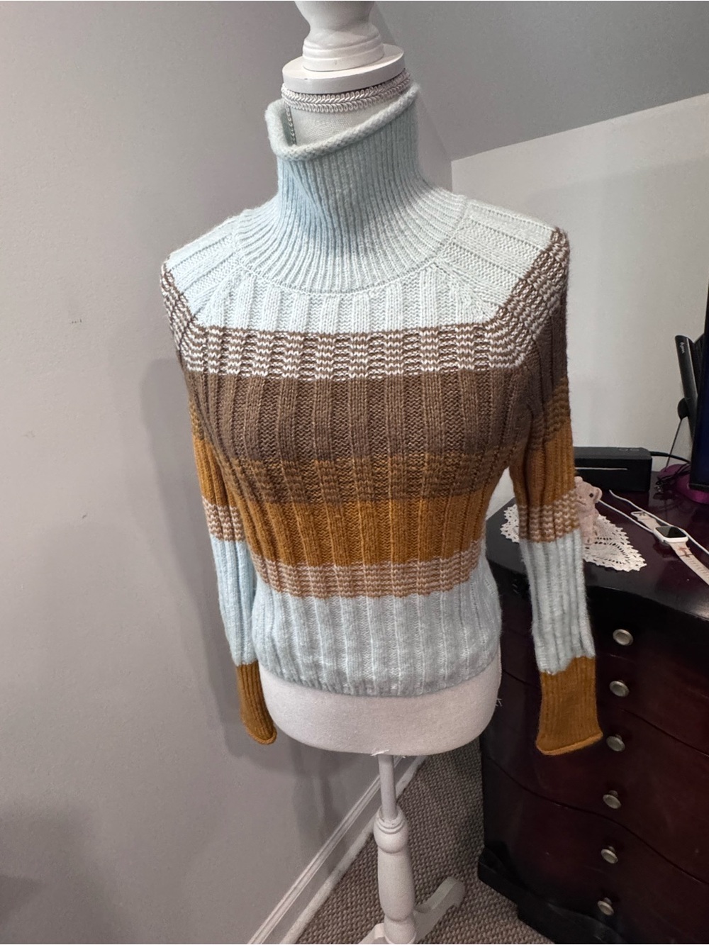Striped Turtleneck Ribbed Sweater in Light Blue, Brown & Mustard